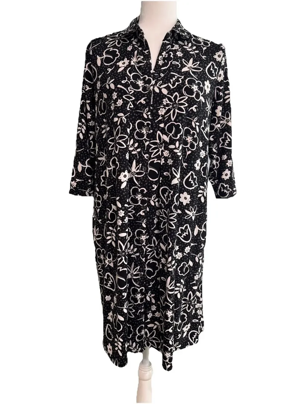 J Jill Button Front Shirt Dress Women S Black White Floral Jersey Stretch Pocket